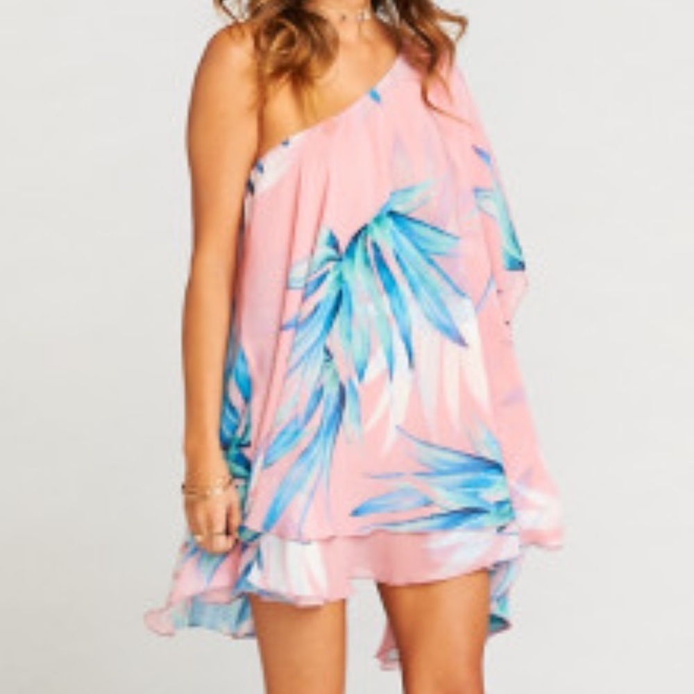 Show Me Your Mumu Zsa Zsa Tropical Twist One Shoulder Short Dress M Chiffon Palm